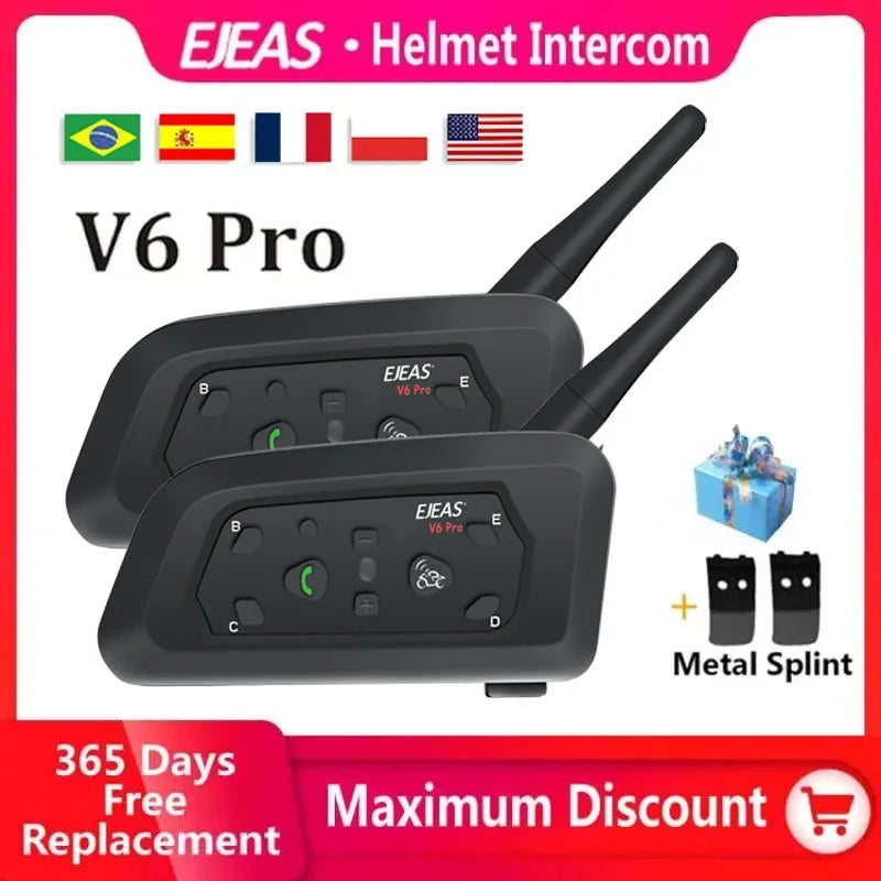 Ejeas v6 pro bluetooth capacete da motocicleta interfone fone de ouvido