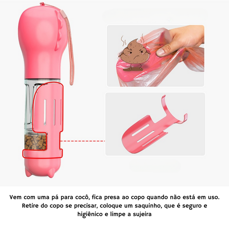 Garrafa Portátil e Multifuncional para Cães 3 em 1 | Água, Ração e Sacolinhas